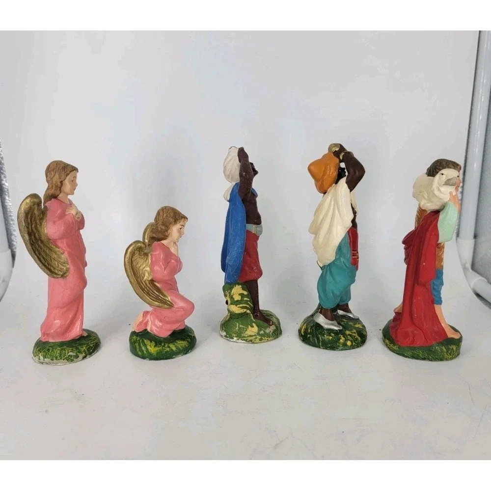VTG Nativity Figures Stamped Made In ITALY Paper Mache Creche Chalk Set 5 50-60s